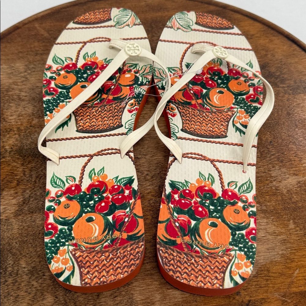 Tory Burch Sandals Wm 11 Thong Flip Flops Fall Orange Cream Cloud/Fruit Basket - Picture 5 of 9